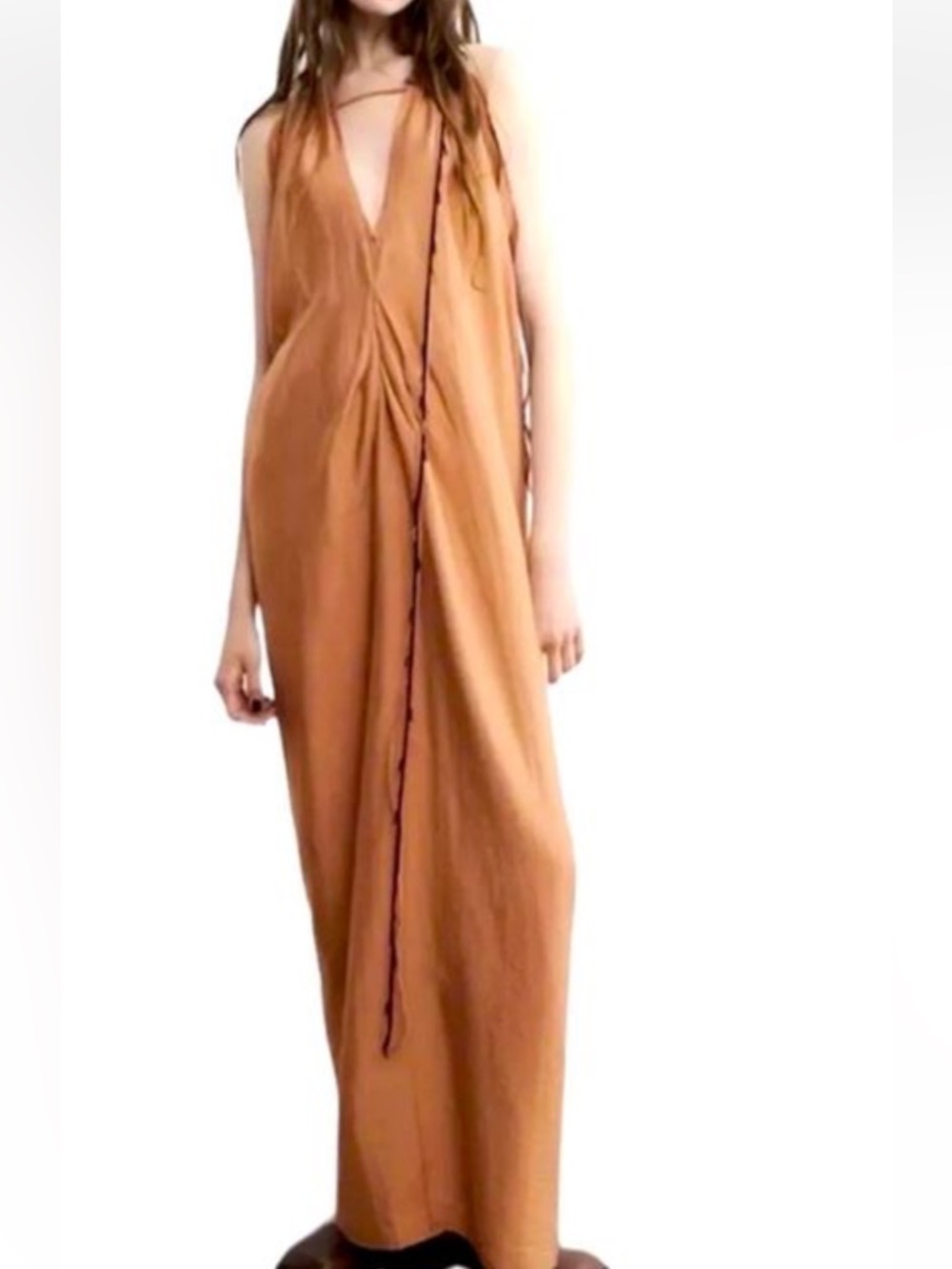 Zara camel brown open shoulder kaftan dress XS